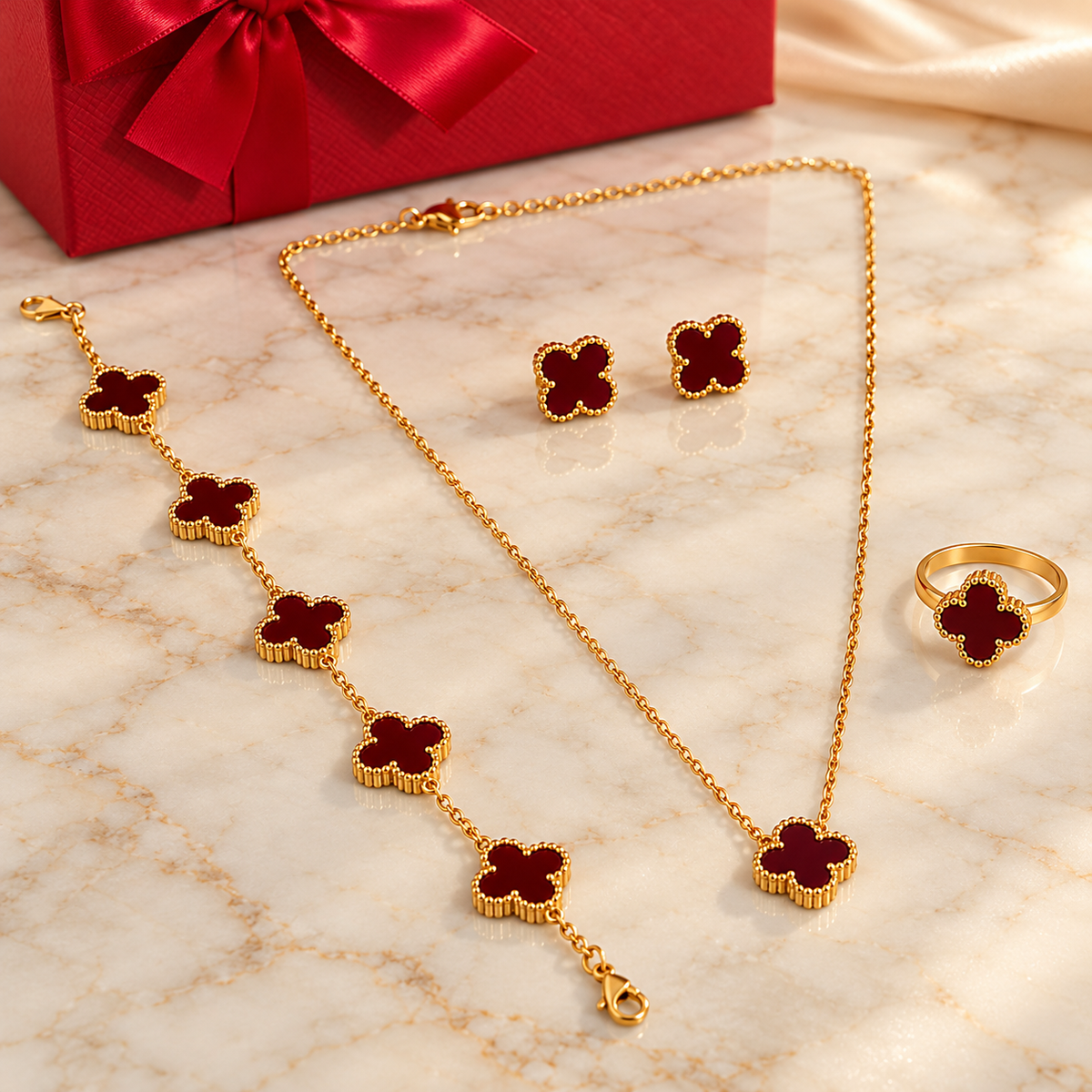 Elegant Red Clover Gold-Plated Jewellery Set