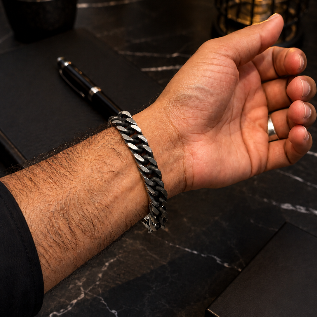 Men's Silver & Black Chain Bracelet