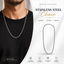Silver stainless steel chain necklace shown worn on a man's neck over a black shirt, alongside a floating product rendering of the chain and marketing text for a premium collection.DOHA QATAR