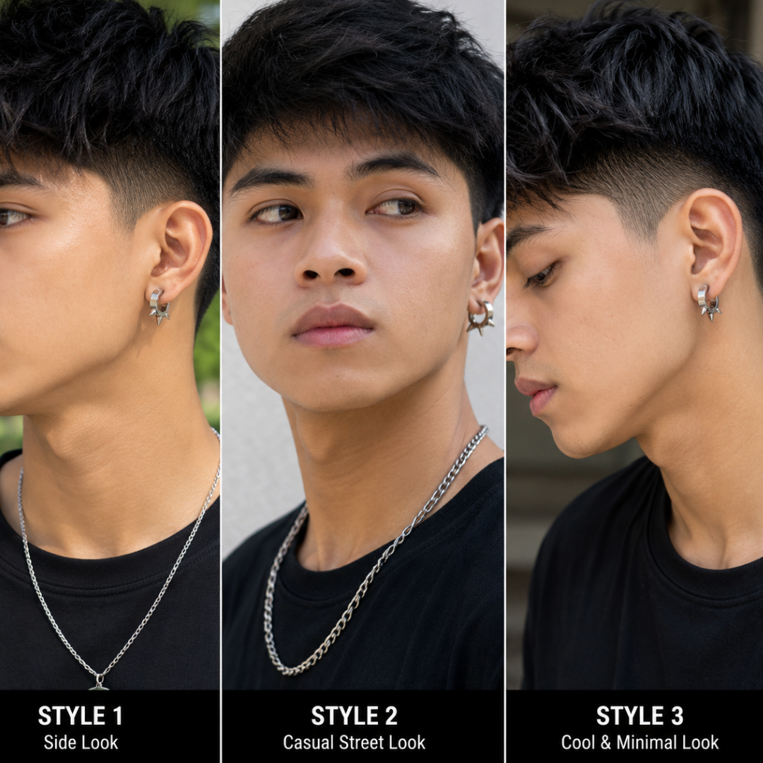 Three-panel collage showing a man from side and front angles wearing a silver chain necklace and a small silver star-shaped stud earring, with labels 'STYLE 1 Side Look', 'STYLE 2 Casual Street Look', and 'STYLE 3 Cool & Minimal Look'.