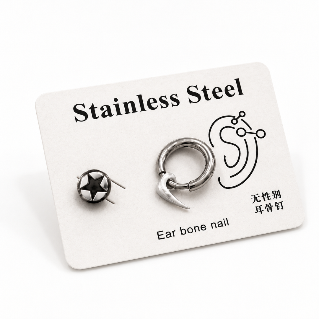 Shop men's stainless steel earrings featuring a star stud and spiked hoop design. A bold silver accessory perfect for streetwear, casual and punk styles.