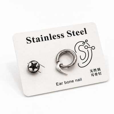 Shop men's stainless steel earrings featuring a star stud and spiked hoop design. A bold silver accessory perfect for streetwear, casual and punk styles.
